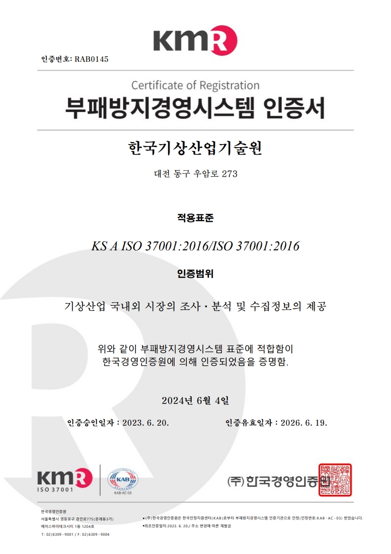KMR 인증번호 : RAB0145 Certificate of Registration 부패방지경영시스템 인증서 / 한국기상산업기술원 서울 서대문구 통이로 135 / 적용표준 KS A ISO 37001 : 2016/ISO 37001:2016 /인증범위 기상산업 국내외 시장의 조사·분석 및 수집정보의 제공 / 위와 같이 부패방지경영시스템 표준에 적합함이 한국경영인증원에 의해 인증되었음을 증명함. /2023년 6월 20일 인증승인일자 : 2023.6.20 인증유효일자 : 2026.6.19 / (주)한국경영인증원(인) / 한국경영인증원 서울특별시 영등포구 경인로775(문래동3가) 에이스하이테크시티 1동 1204호 T:02)6309-9001 F:02)6309-9004 / ·(주)한국경영인증원은 한국인정지원센터(KAB)로부터 인증기관으로 인정(인정번호:KAB-AC-03) 받았습니다.   ·최초인증일자:2023. 6. 20./ 최초인증승인에 따른 발급