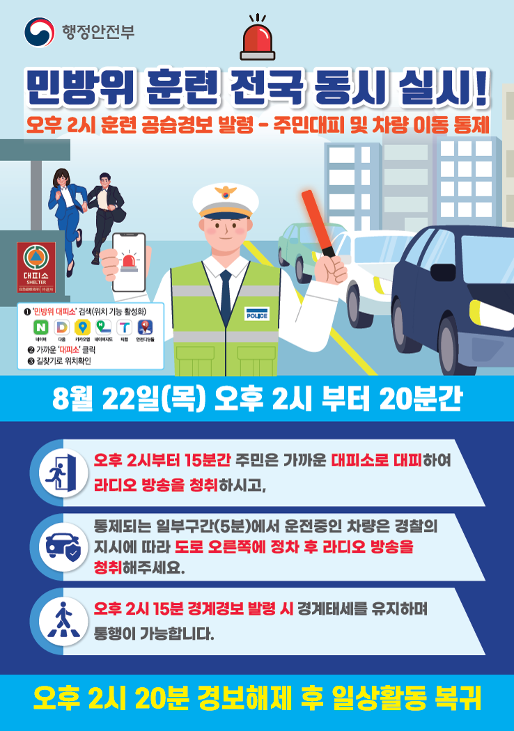 오후 2시 훈련 공습경보 발령 - 주민대피 및 차량 이동 통제 8월 22일 목 오후 2시부터 20분간  1. 오후 2시부터 15분간 주민은 가까운 대피소로 대피하여 라디오 방송을 청취하시고, 통제되는 일부구간(5분)에서 운전중인 차량은 경찰의 지시에 따라 도로 오른쪽에 정차 후 라디오 방송을 청취해주세요. 오후 2시 15분 경계 경보 발령시 경계태세를 유지하며 통행이 가능합니다.  오후 2시 20분 경보해제 후 일상 활동 복귀
