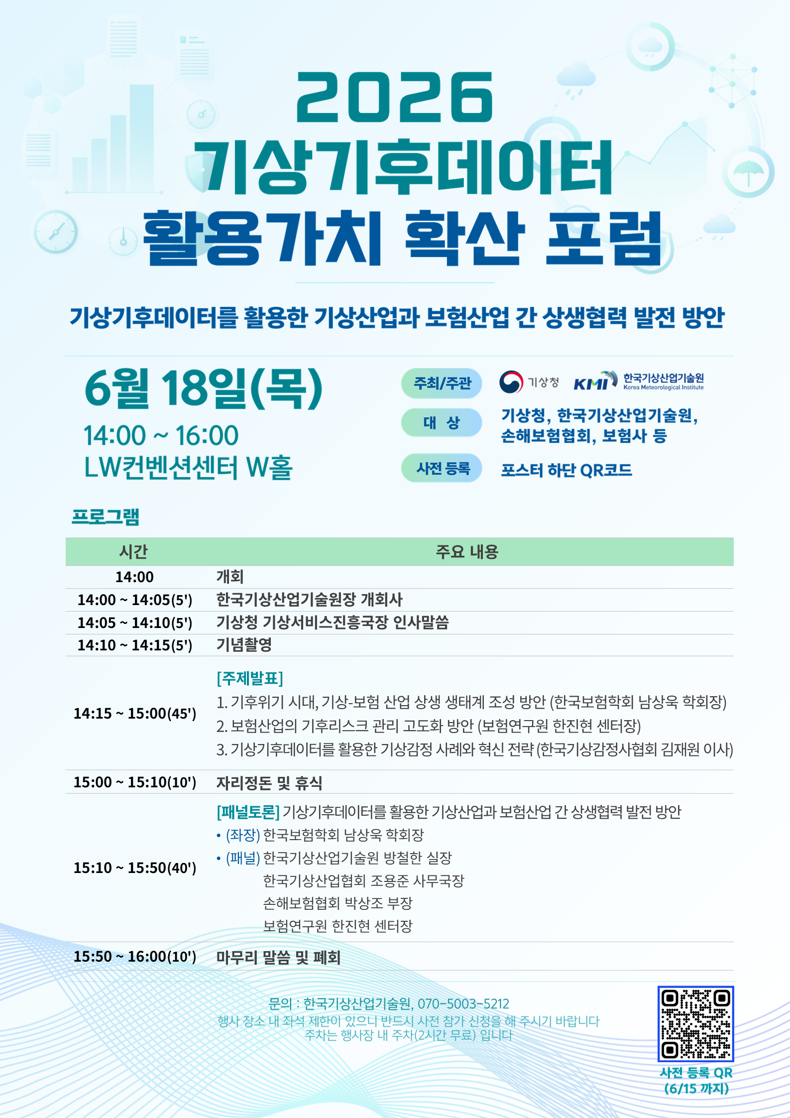 2026 기상기후데이터 활용가치 확산 포럼 - 기상기후데이터를 활용한 기상산업과 보험산업 간 상생협력 발전 방안 - 일시: 6월 18일(목) 14:00~16:00 - 장소: LW컨벤션센터 W홀 - 주최/주관: 기상청, 한국기상산업기술원 - 대상: 기상청, 한국기상산업기술원, 손해보험협회, 보험사 등 - 사전 등록: 포스터 하단 QR코드 - 프로그램: 14:00 개회, 14:00~14:05 (5') 한국기상산업기술원장 개회사, 14:05 14:10(5') 기상청 기상서비스진흥국장 인사말씀, 14:10~14:15(5') 기념촬영, 14:15~15:00(45') [주제발표]1. 기후위기 시대, 기상-보험 산업 상생 생태계 조성 방안 (한국보험학회 남상욱 학회장) 2. 보험산업의 기후리스크 관리 고도화 방안 (보험연구원 한진현 센터</span>
												<span class=